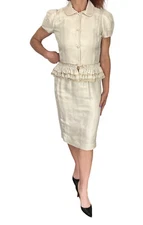 Red Valentino Ecru Short Sleeve Ruffle Peplum Jacket  Skirt Suit Set 4 NEW