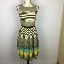 Anne Klein Fit & Flare Dress Sz 2 Womans Brown Beige Striped Sleeveless Pleated