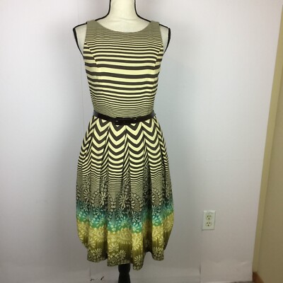 Anne Klein Fit & Flare Dress Sz 2 Womans Brown Beige Striped Sleeveless  Pleated | eBay