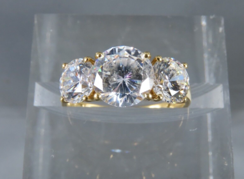 14K GELBGOLD Ring mit drei Steinen DQ/CZ Diamonique 3,6 TCW Hochzeit/Verlobung Größe 6