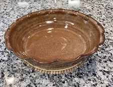 VTG 1992 Jugtown Ware Pottery Brown Glazed Pie Dish / Serving Bowl, Signed LKB.