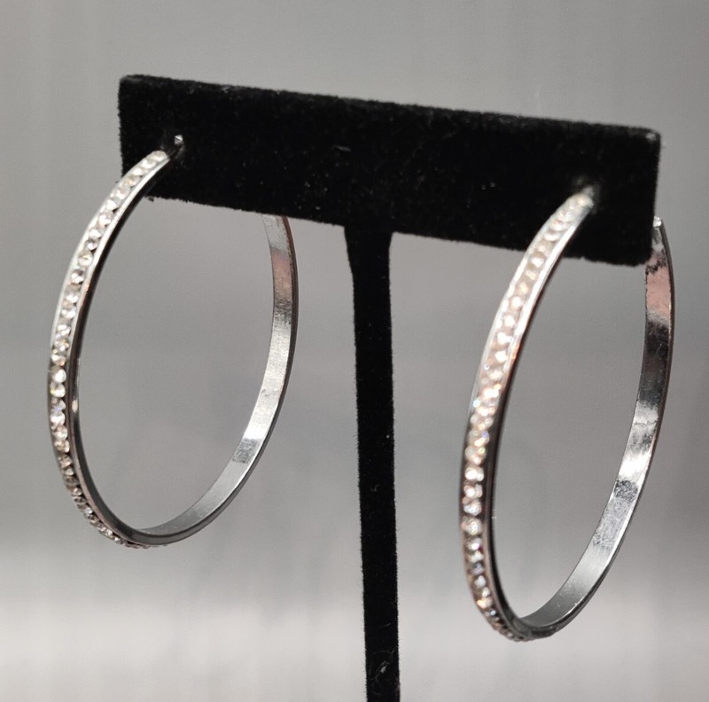 Large Silver Tone Clear Rhinestone Hoop Hole Dangle Drop Earrings Jewelry
