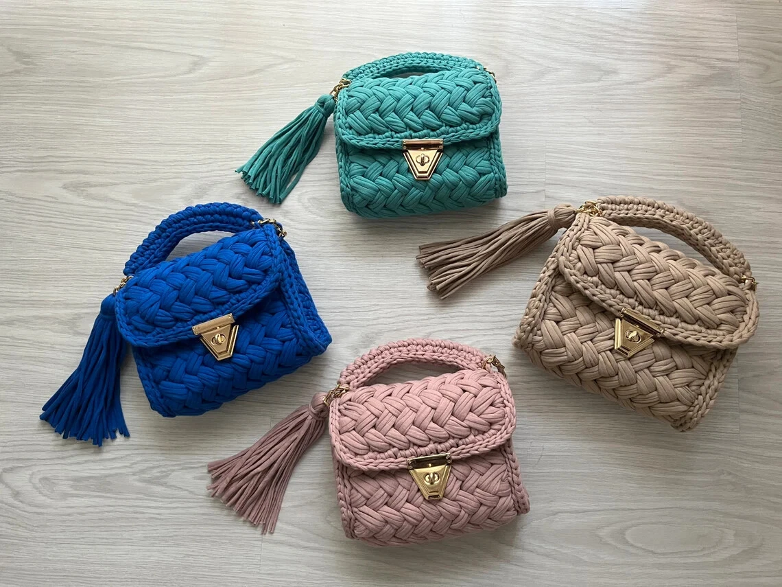 Handmade Crochet Shoulder Bag, Blue Pink Beige Crochet Bags, Crochet  Handbags