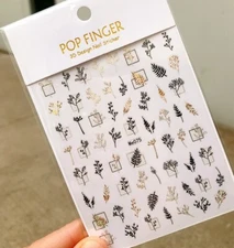 Flower Branch Leaf Tree Blossom Black-Laser Gold Nail Decal Sticker 