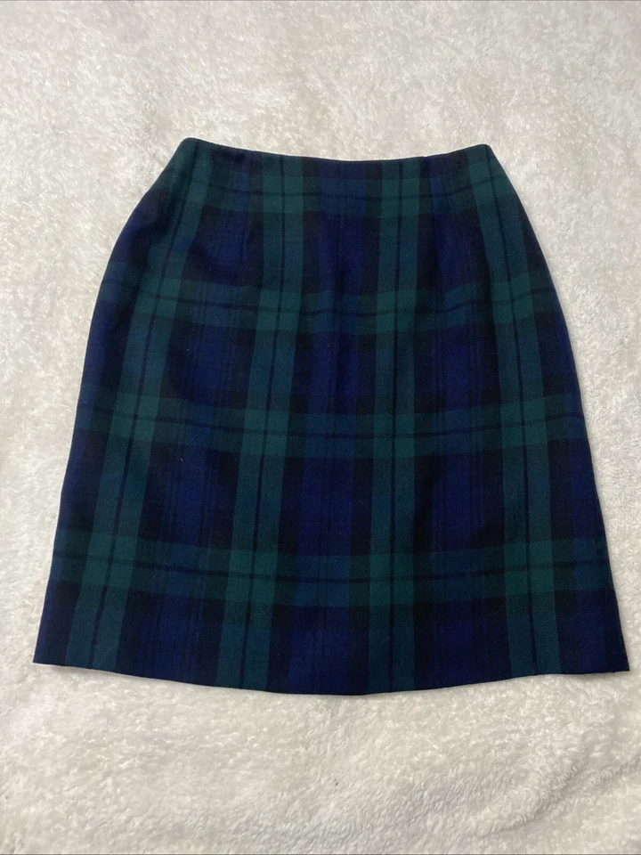 Falda de lana vintage Lands End verde azul tartán a cuadros 💯 Hecha en EE. UU. Talla 6