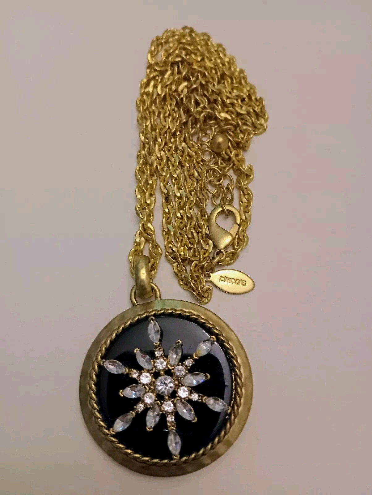 Chico's gold tone chain rhinestone round pendant long necklace