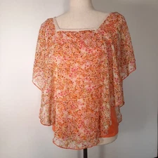 Naif Sheer Layered Top Size Medium Orange Floral Stretch Liner Crochet Trim
