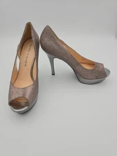 Marc Fisher Size 10 M Glitter Peep Toe Pumps. Multicolor Glitter, Silver Heel