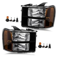 Headlight Assembly Compatible with GMC Sierra Black Housing Amber Reflector