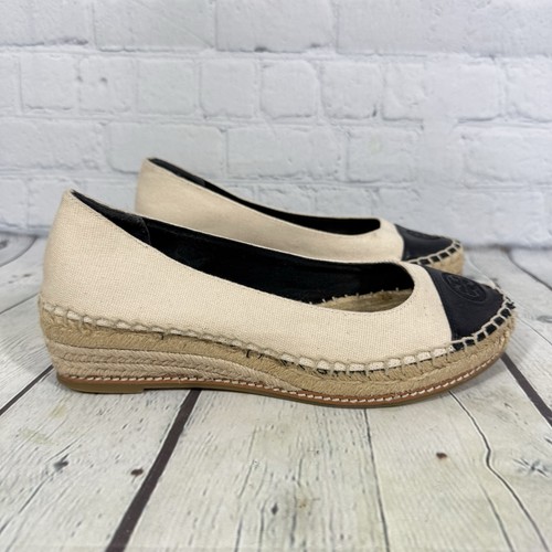 Tory Burch Wedges Women Size 7 Black Low Heel Espadrilles Canvas Preppy Shoes - Picture 2 of 14