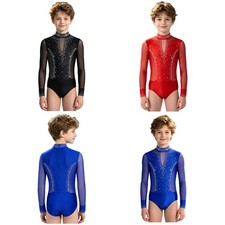Boys Kids Figure Skating Costume Leotard Long Sleeve Gymnastics Modern Bodysuit