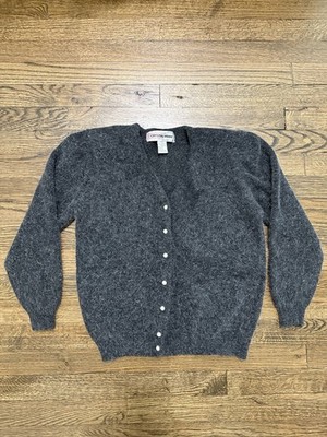 VTG Crystal-Kobe Wool Knit Gray Cardigan Sweater Pearl Accents Cottagecore L