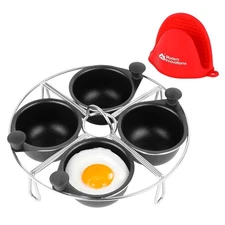 Modern Innovations Stainless Steel 4-Cup Egg Poacher Tray + FREE Silicone Mitt