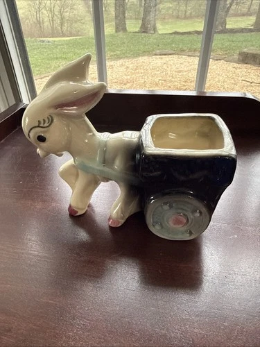 Vintage Shawnee Pottery Ceramic Green Donkey with Black Cart Planter 1950