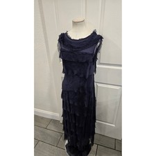 Navy Blue Tiered Fringe Maxi Dress Sleeveless Sheer Boho Festival Evening-S