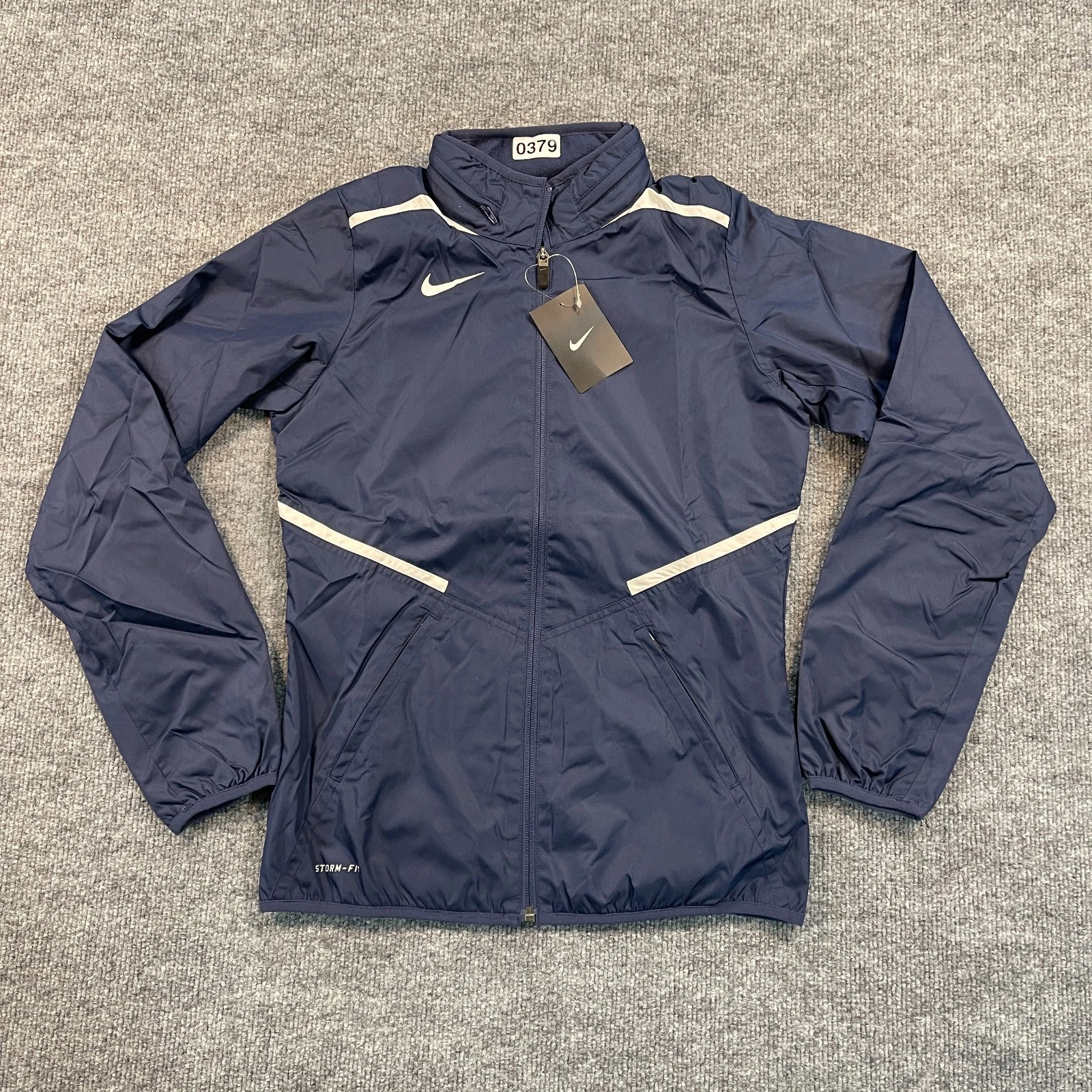 NEW NIKE Storm-Fit Windbreaker Jacket Womens XS 17x24 Blue Stow-Away Hood