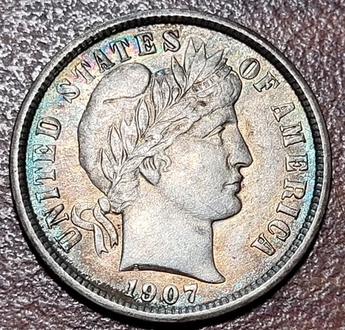 1907 Barber Dime Choice EF XF nr AU Beautiful secondary toning silver 10c coin