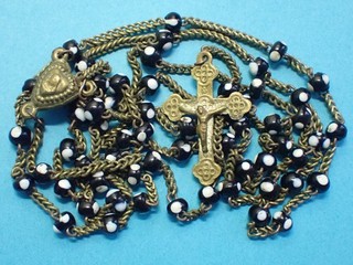 LONG antique FRENCH rosary / BLACK GLASS WHITE SPOTS / MONASTERY FRANCE