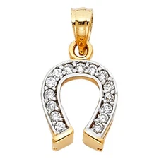 Good Luck Charm 14k Yellow Solid Gold Horseshoe 12mm x 10mm Pendant White CZ