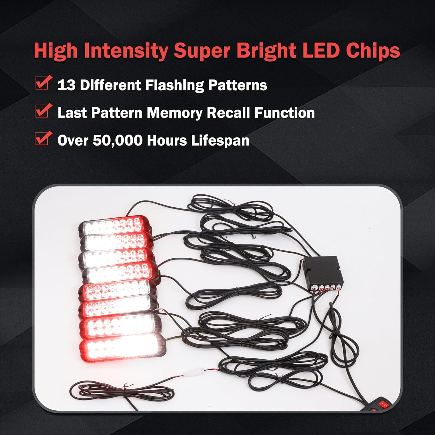 8pc 16LED Red White Strobe Lights Grille Warning Hazard Flashing