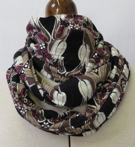 Loop Scarf, Cotton Blend Jersey, "Tulip" Design, Black, Brown, Purple, 17cm Wide - Picture 5 of 14