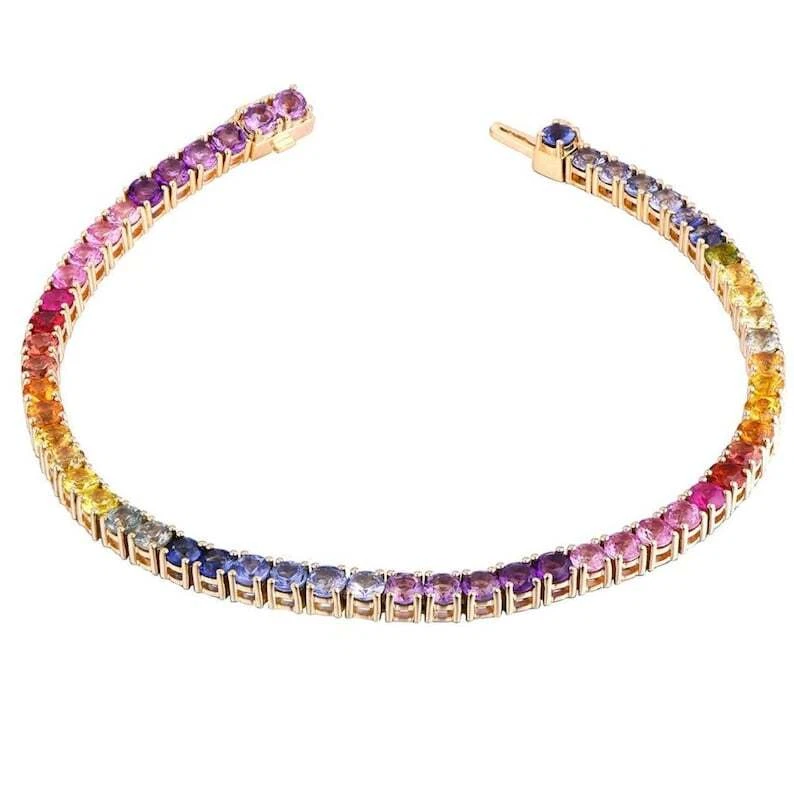 18K Gold Plated Handmade Tennis Bracelet Rainbow Stone Round Jewelry Gift Her - Image 3 of 4