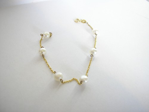 Bracciale Oro Giallo 14K Sei Perle Filo Catena 7" pollici 2 grammi Designer GS - Foto 3 di 17