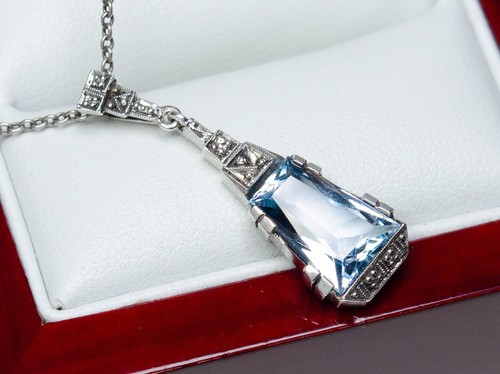 935 Silver - Antique Art Deco Pendant - Blue Spinel - Picture 5 of 7