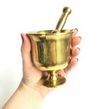 Antique Vtg Brass Pestle Mortar Grinding Bowl Ritual Kitchen Green