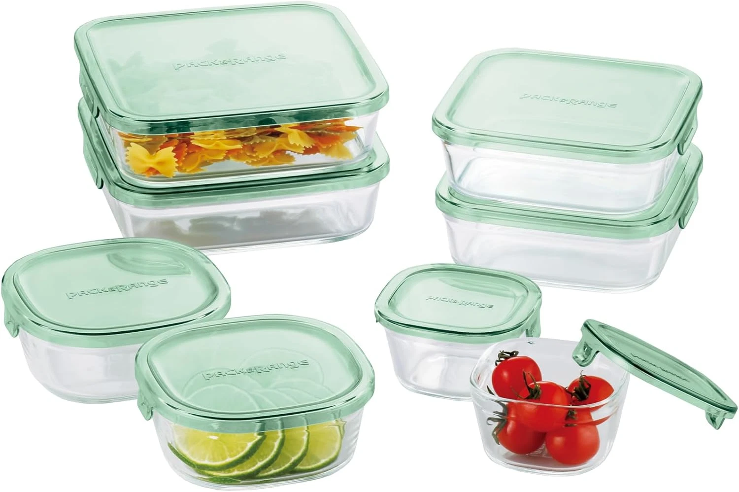 Heat-Resistant Glass Storage Containers Set of 8 - Green Square Design