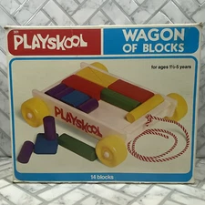 Playskool Wooden Block Wagon Plastic Yellow Wheels Original Box 1981 Vintage