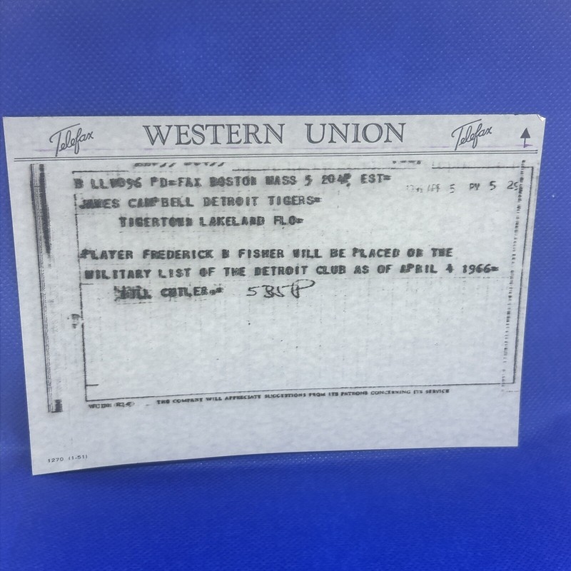 Western Union Telegram 1966 Detroit Tigers Frederick Fisher Put on Military List