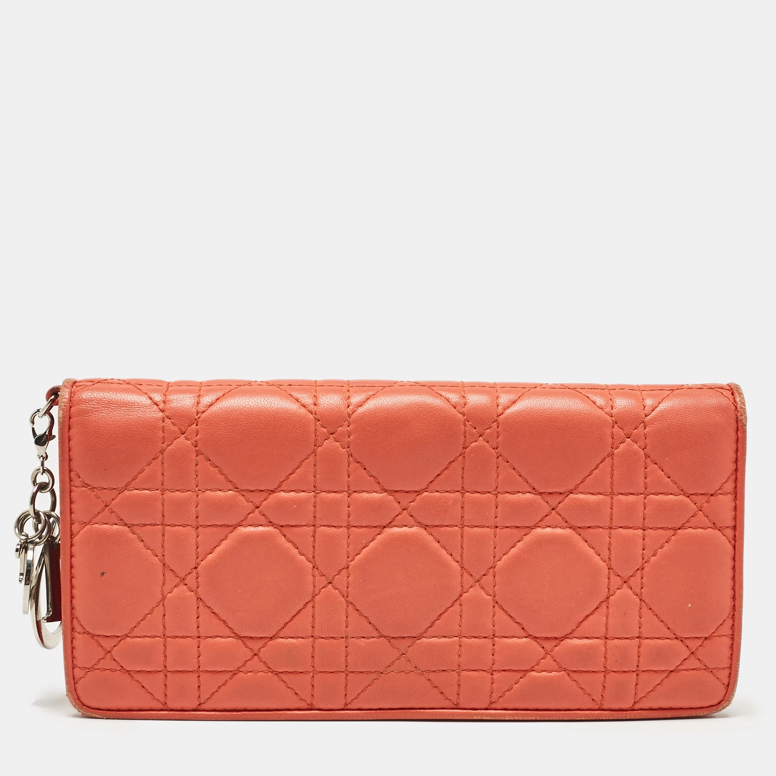 Portefeuille Dior orange cannage cuir Lady Dior double pli