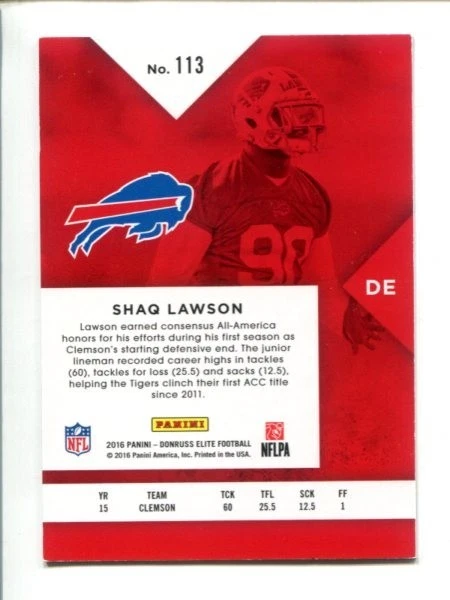 2016 Donruss Elite Teal #113 - Elite Rookies - Shaq Lawson /75 🏈 RC - Image 2 of 3
