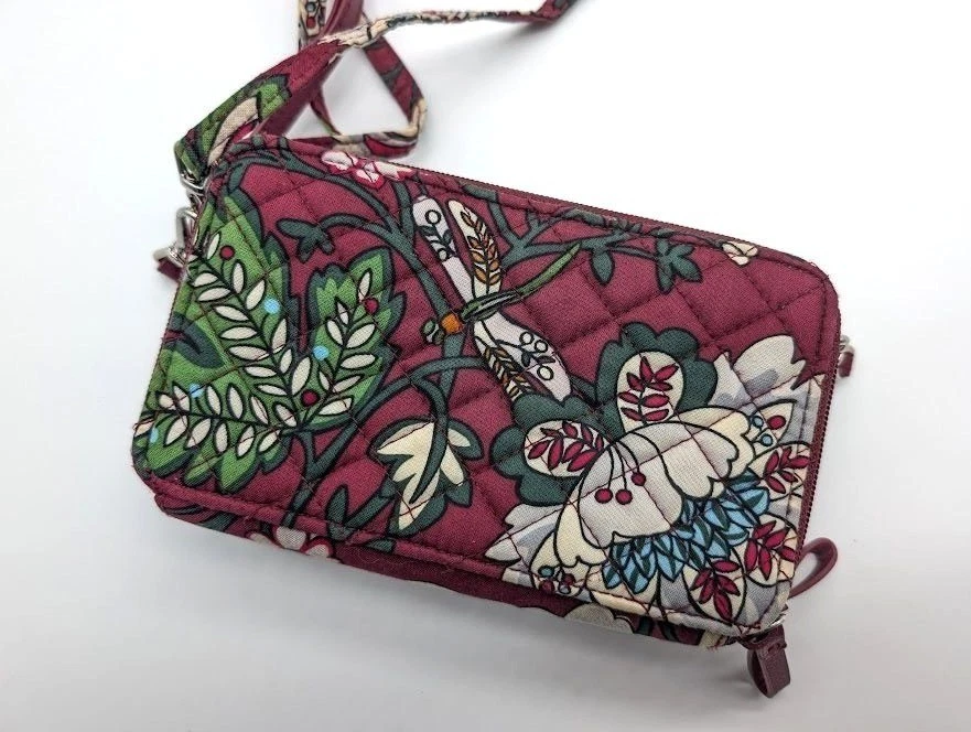 Bolso Bandolera Vera Bradley 3 en 1 RFID Burdeos Flores Libélula Cartera Muñequera Foto 3 de 4