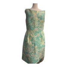 Tahari ASL Green Gold Jacquard Dress Size 10 Fit Flare Cocktail Sheath