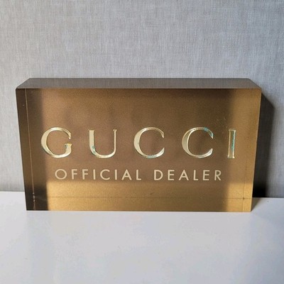 Gucci Official Dealer Lucite Logo Sign Gold Acrylic Display Block Boutique Decor