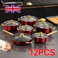 12PCS Red Induction Non Stick Stainless Steel Cookware Cooking Pot Pan Lids Set