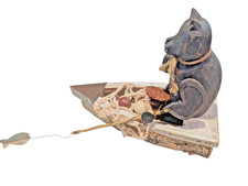 Whimsical Folk Art Bear Figurine Fishing On Boat Carved Wooden Hand Painted 9"