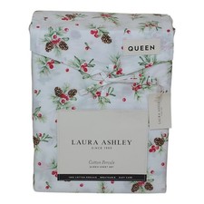 Laura Ashley Queen Cotton Percale Sheet Set Pinecone Toss Easy Care Holiday