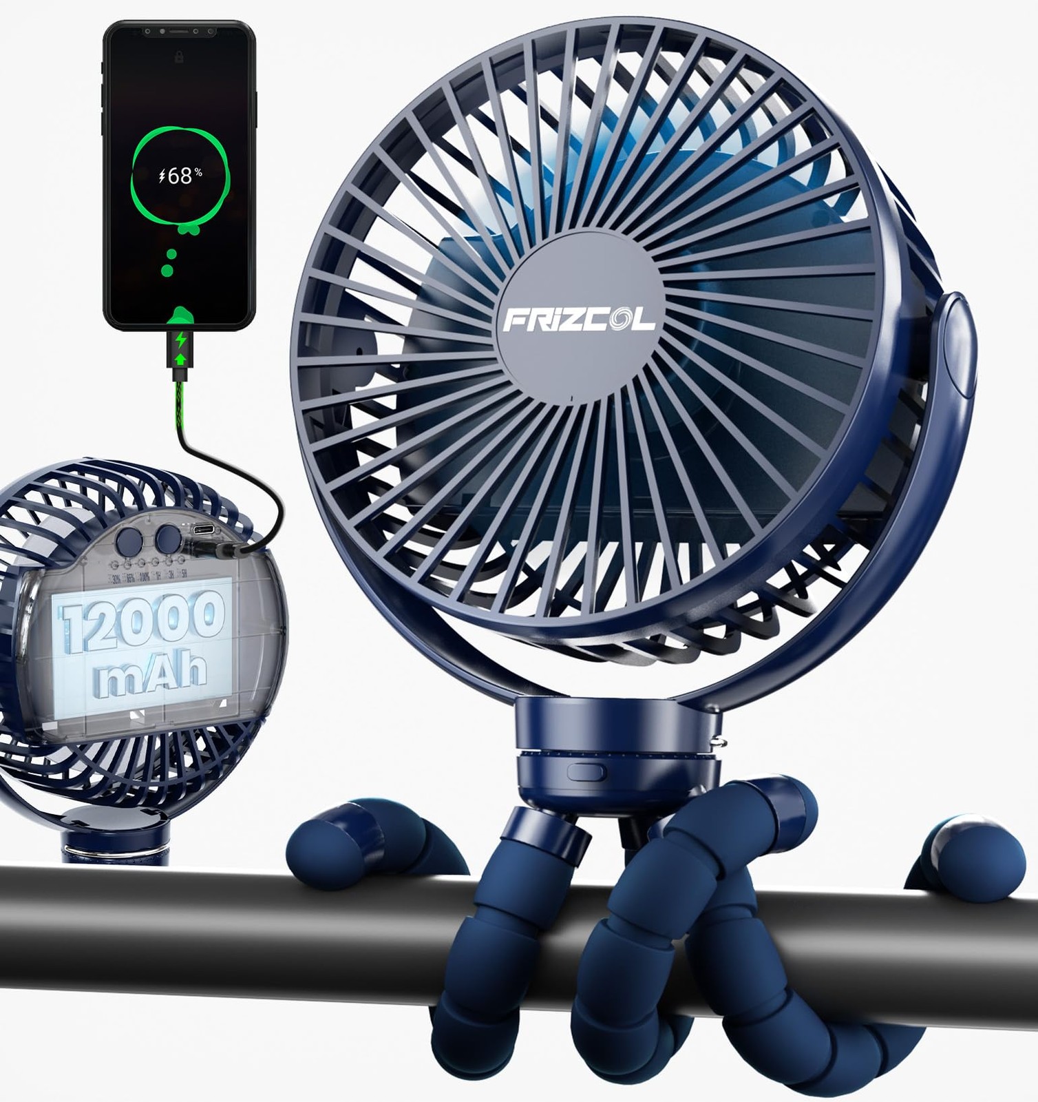 12000mAh Portable Stroller Fan, Use As Power Bank, 65H Battery Operated Fan F...