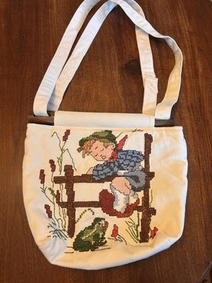 vintage handmade cross-stitch tote bag featuring Hummel ''Retreat to Safety''