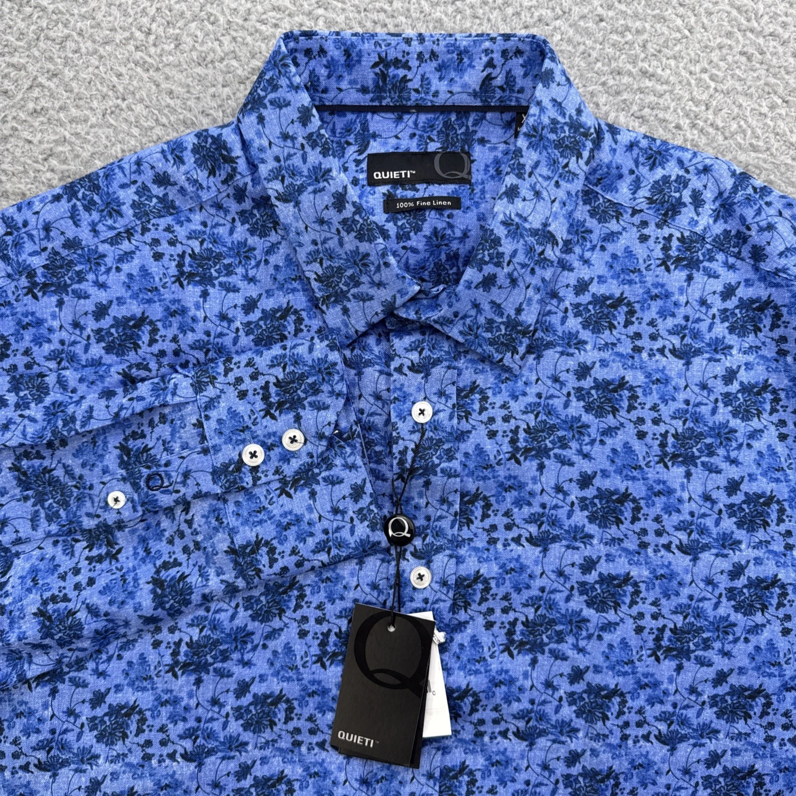 QUIETI Linen Shirt Mens XL L/S Navy Blue Floral Pattern 100% Fine Linen