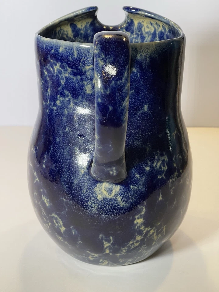 Bennington Pottery Blue Agate Pitcher Jug 8” Vermont Spongeware Ice Lip - Image 2 of 4