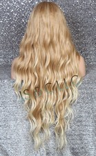 40" Long Human hair Blend Wavy Full Bangs Wig Blonde mix 27/613 WESH NWT