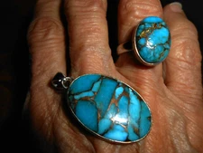 JTV turquoise infused with copper 925 silver Pendant and matching Aryo ring sz 7