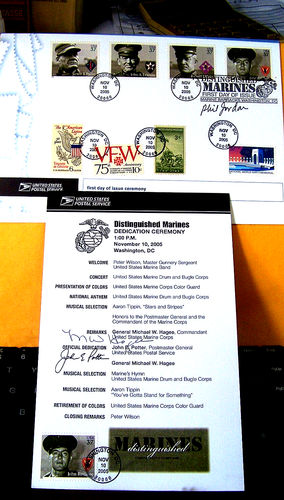 DISTINGUISHED MARINES STAMPS 1st DAY SIGNED CEREMONY PROGRAM NOV 10, 2005