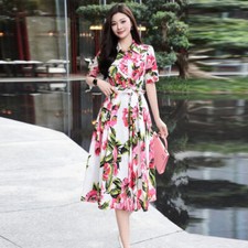 Women's Lapel Short Sleeve Floral Printed Belted Mid Long Shirt Dress A-line New