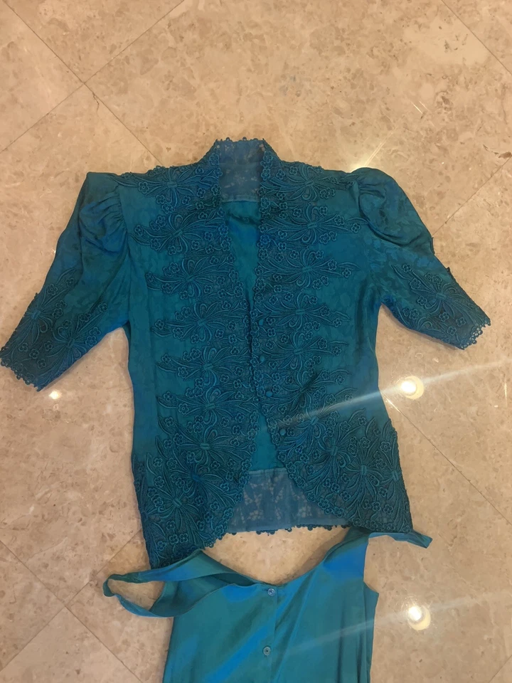 Vintage Capriccio Antique Blue Silk Jacquard Victorian Crochet Dress Set 8 - Image 3 of 4