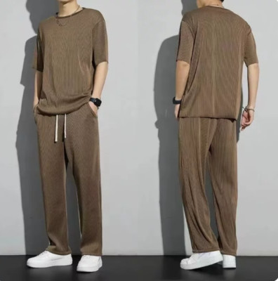 Men 2 Piece Outfits Short Sleeve Smooth Ice T-shirt+Pant Sets Drawstring Casual 